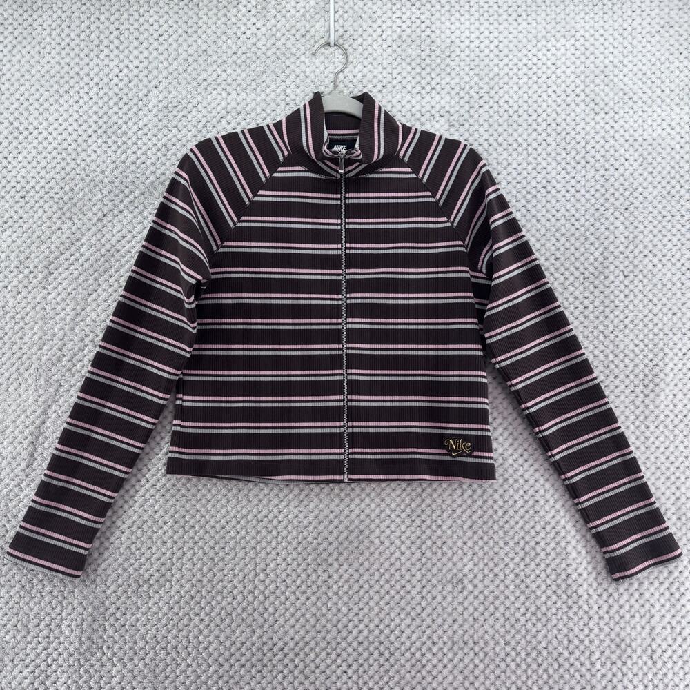 Nike Sweater Womens L Brown Pink Blue Striped Rib Knit Full Zip Y2K Sport Top